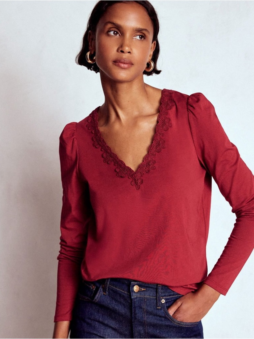 boden flora lace v-neck long sleeve top